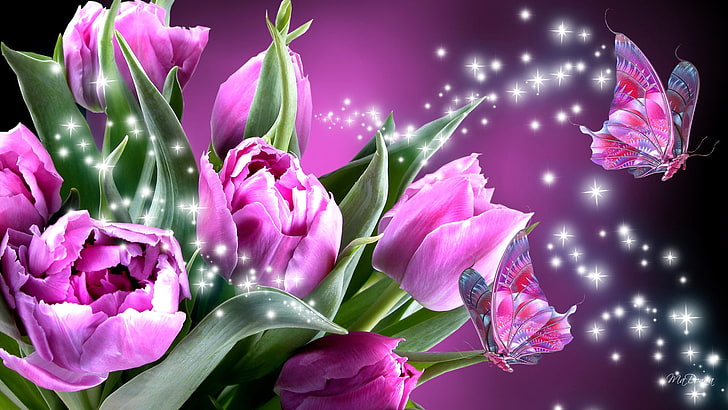 фиолетовые цветы, цветы, коллаж, бабочка, крылья, тюльпаны, моль, HD обои
