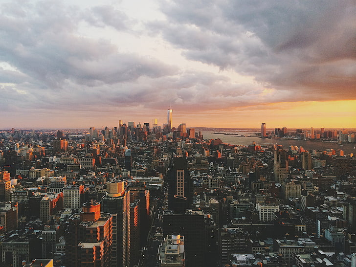 chmury, zachód słońca, Nowy Jork, horyzont, Manhattan, One World Trade Center, Stany Zjednoczone, 1WTC, OWTC, Tapety HD