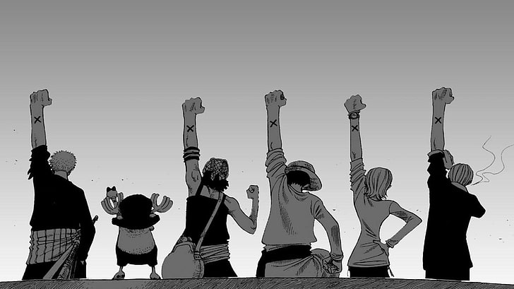 Тапет One Piece, аниме, One Piece, монохромен, гръб, бял фон, вдигнати ръце, Monkey D. Luffy, Roronoa Zoro, Tony Tony Chopper, Usopp, Nami, Sanji, HD тапет
