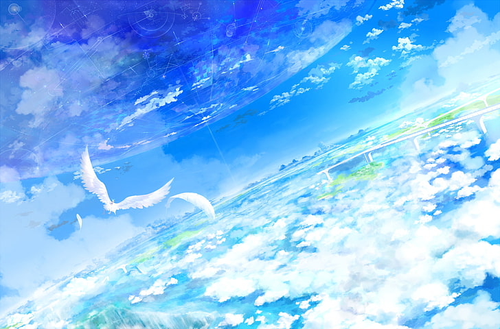 Anime, landskap, fågel, moln, himmel, HD tapet