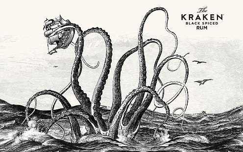 Ilustrasi rum hitam berbumbu Kraken, Kraken, kapal, monster laut, kapal layar, Wallpaper HD HD wallpaper