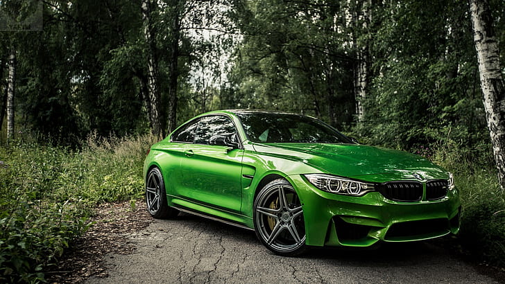 BMW M4, carro, carro verde, floresta, ao ar livre, HD papel de parede