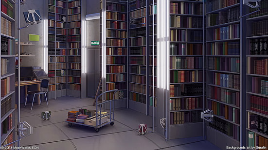 Аниме, оригинал, книга, интериор, библиотека, HD тапет HD wallpaper