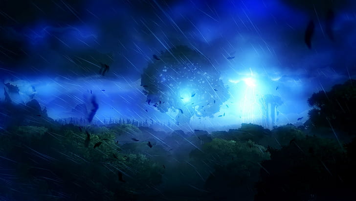 Ori and the Blind Forest、Forest、Spirits、Storm、夜間の風景画中のツリー、ori and the blind forest、forest、spirits、storm、 HDデスクトップの壁紙