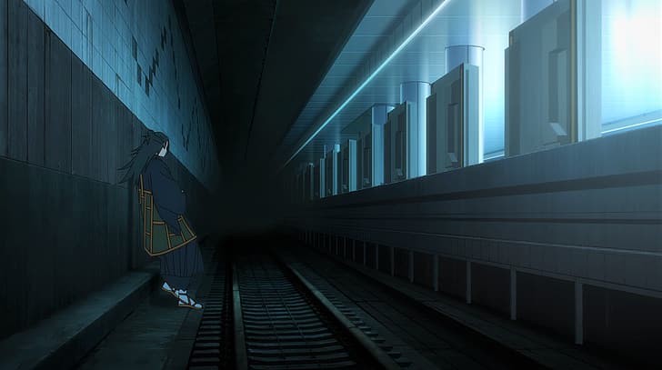 Jujutsu Kaisen, Suguru Geto, kimono, Sanggul, kereta bawah tanah, terowongan, sandal, lampu, anime, Tangkapan layar anime, anak laki-laki anime, Wallpaper HD