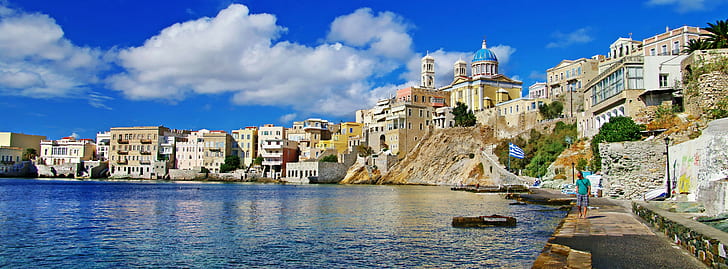 City in Greece, Sea, beach, city, greece, view, sky, clouds, s, HD wallpaper