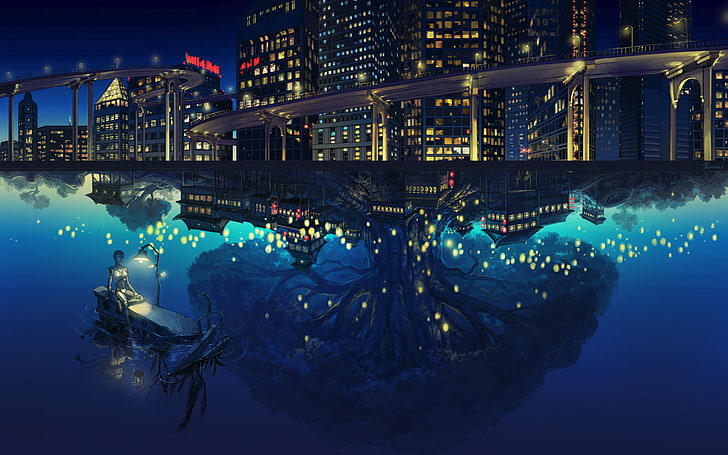 łódź w pobliżu budynków miejskich ilustracja, anime, nocny widok, drzewa, odbicie, woda, budynek, alternatywna rzeczywistość, Tapety HD