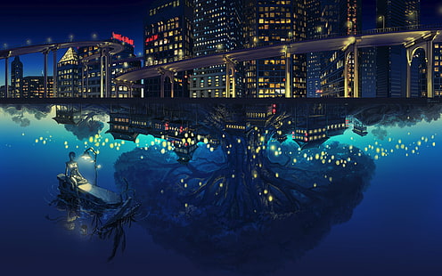 łódź w pobliżu budynków miejskich ilustracja, anime, nocny widok, drzewa, odbicie, woda, budynek, alternatywna rzeczywistość, Tapety HD HD wallpaper