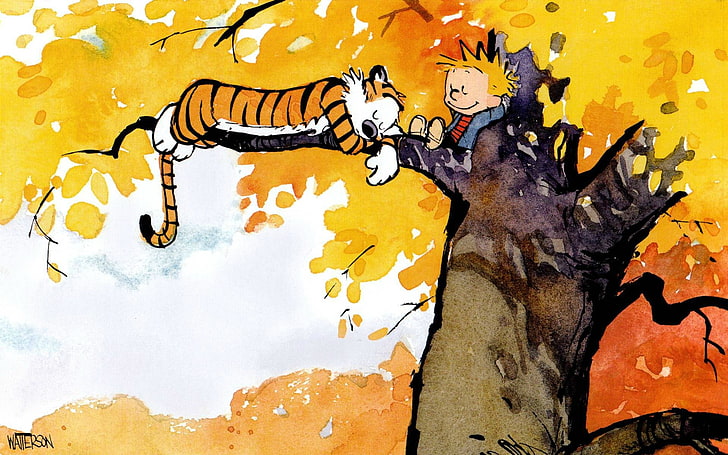 Calvin et Hobbs fond d'écran numérique, Calvin et Hobbes, bonheur, arbres, automne, Fond d'écran HD
