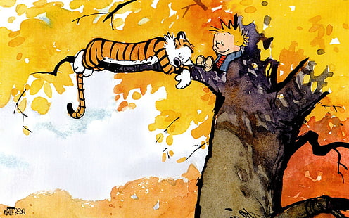Calvin und Hobbs digitale Tapete, Calvin und Hobbes, Glück, Bäume, Fall, HD-Hintergrundbild HD wallpaper
