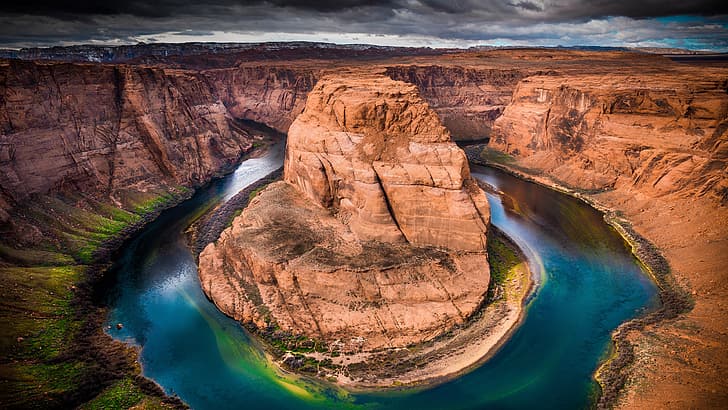 Horseshoe Bend, nature, Arizona, USA, sky, Colorado River, valley, rock formation, clouds, canyon, river, HD wallpaper