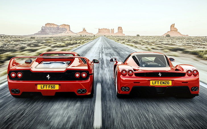 dos autos deportivos rojos Ferrari, ferrari, f50, enzo, vista trasera, velocidad, carretera, Fondo de pantalla HD