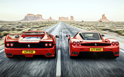 due auto sportive Ferrari rosse, Ferrari, F50, Enzo, vista posteriore, velocità, strada, Sfondo HD HD wallpaper