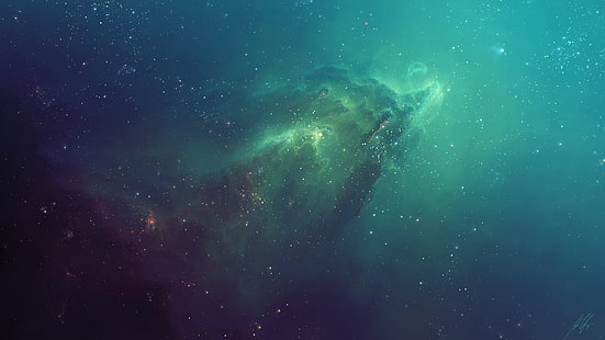 Ilustración del espacio exterior, nebulosa, estrellas, espacio, verde, galaxia, TylerCreatesWorlds, arte espacial, obra de arte, azul, pantalla múltiple, arte digital, resumen, Fondo de pantalla HD HD wallpaper