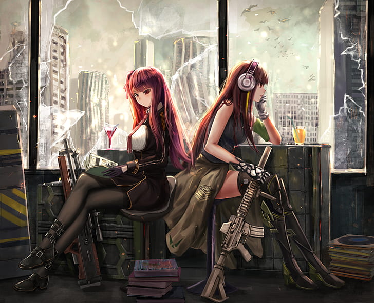anime girls, redhead, long hair, weapon, red eyes, headphones, anime, legs, girls with guns, HD wallpaper