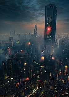 grafika koncepcyjna, cyberpunk, miasto, noc, mrok, science fiction, pejzaż miejski, dym, Siddhartha Valluri, futurystyczny, architektura, budynek, dzieło sztuki, cyfrowy, wyświetlanie portretów, Tapety HD HD wallpaper