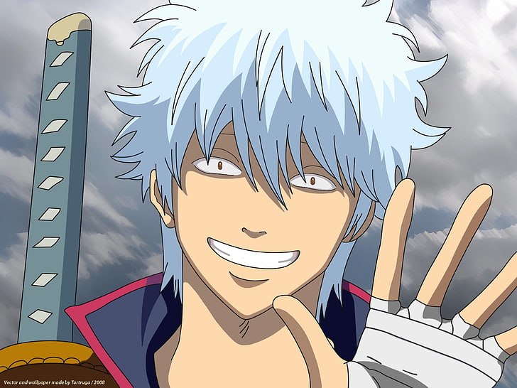 gray-haired male anime character, gintama, sakata gintoki, man, sword, greeting, smile, HD wallpaper