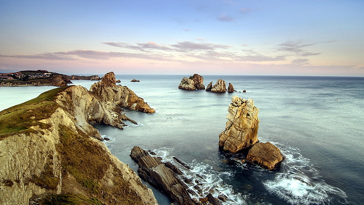 nature, sea, rock, waves, coast, HD wallpaper