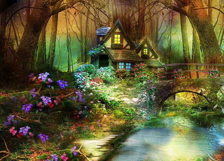 brunt och vitt hus illustration, bro, fantasi, blommor, skog, hus, natur, fantasmagoria, träd, HD tapet