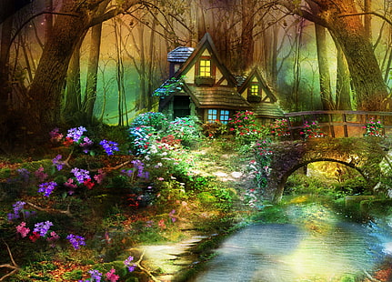 illustration de maison brune et blanche, pont, fantaisie, fleurs, forêt, maison, nature, fantasmagorie, arbres, Fond d'écran HD HD wallpaper