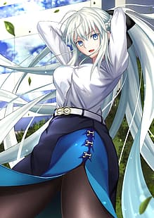  anime, anime girls, Fate series, Fate/Grand Order, Morgan le Fay, ponytail, long hair, white hair, boobs, white shirt, HD wallpaper HD wallpaper