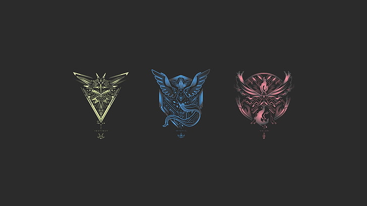 Ilustración de tres símbolos de Pokémon, Pokémon, Pokémon Go, Team Mystic, Team Valor, Team Instinct, Fondo de pantalla HD
