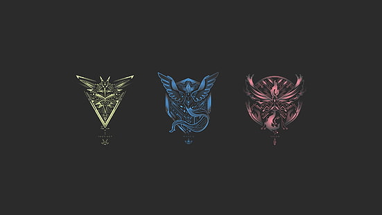 Abbildung mit drei Pokémon-Symbolen, Pokémon, Pokemon Go, Team Mystic, Team Valor, Team Instinct, HD-Hintergrundbild HD wallpaper