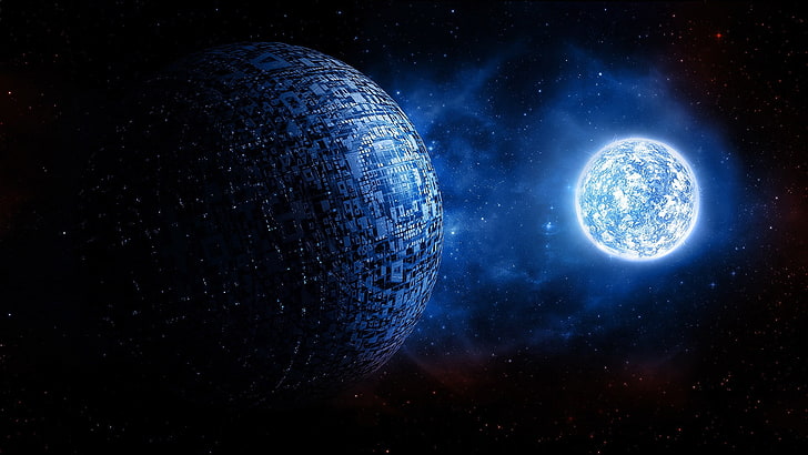 цифровое искусство, сфера, шар, 3D, пространство, вселенная, планета, звезды, светящиеся, научная фантастика, голубой, синий, HD обои