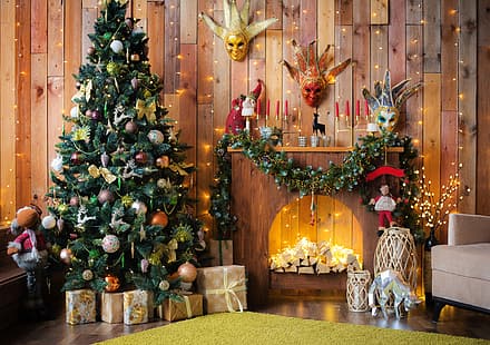 ツリー、クリスマス、ギフト、新年、暖炉、デザイン、部屋、インテリア、装飾、ギフトボックス、モミの木、 HDデスクトップの壁紙 HD wallpaper