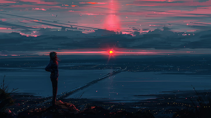 woman standing on hill, person on mountain cliff painting, digital art, landscape, Sun, clouds, sunset, Aenami, artwork, drawing, HD wallpaper