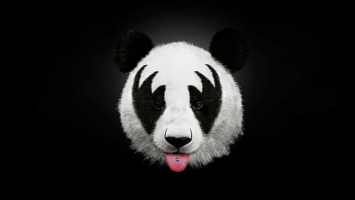 panda, tongues, Kiss (music), humor, pierced tongue, black, HD wallpaper