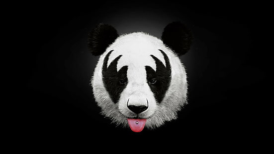 panda, języki, pocałunek (muzyka), humor, przekłuty język, czarny, Tapety HD HD wallpaper