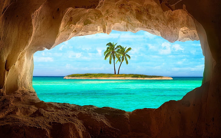 جزيرة الكاريبي ، جزيرة ، أشجار النخيل ، المحيط، خلفية HD