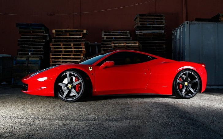 red coupe, ferrari, 458 italia, red, italy, profile, tinted, black discs, HD wallpaper