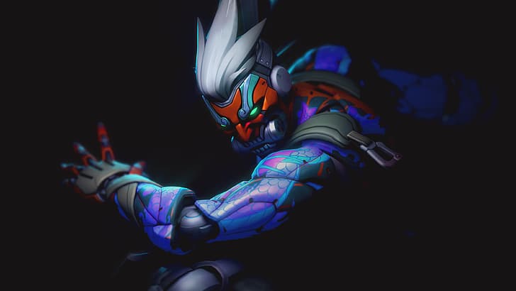 Overwatch, Overwatch 2, video games, video game boys, video game characters, Blizzard Entertainment, Genji (Overwatch), ninja character, ninjas, science fiction, mask, white hair, oni mask, cyborg, glowing eyes, PC gaming, shadow, green eyes, tattoo, gagged, HD wallpaper