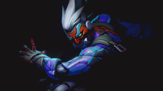 Overwatch, Overwatch 2, video games, video game boys, video game characters, Blizzard Entertainment, Genji (Overwatch), ninja character, ninjas, science fiction, mask, white hair, oni mask, cyborg, glowing eyes, PC gaming, shadow, green eyes, tattoo, gagged, HD wallpaper HD wallpaper