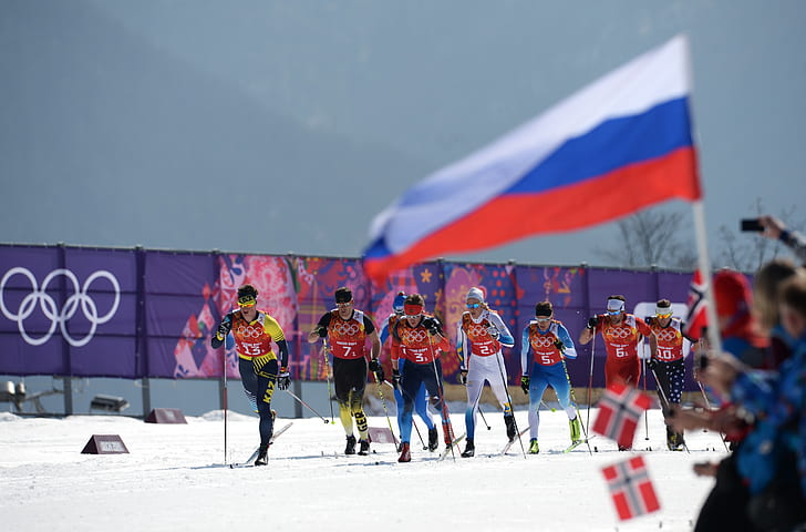 neve, bandeira, Noruega, esquiadores, Rússia, bandeiras, Sochi 2014, Jogos Olímpicos de Inverno de XXII, Jogos Olímpicos de Inverno de Sochi 2014, Corrida de esqui, HD papel de parede