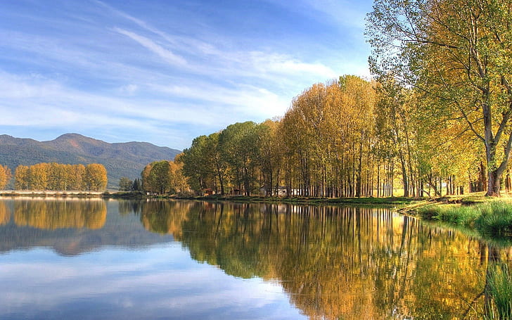 公園秋の湖、静かな環境、木、山、水の反射、公園、秋、湖、静かな、環境、木、山、水、反射、 HDデスクトップの壁紙