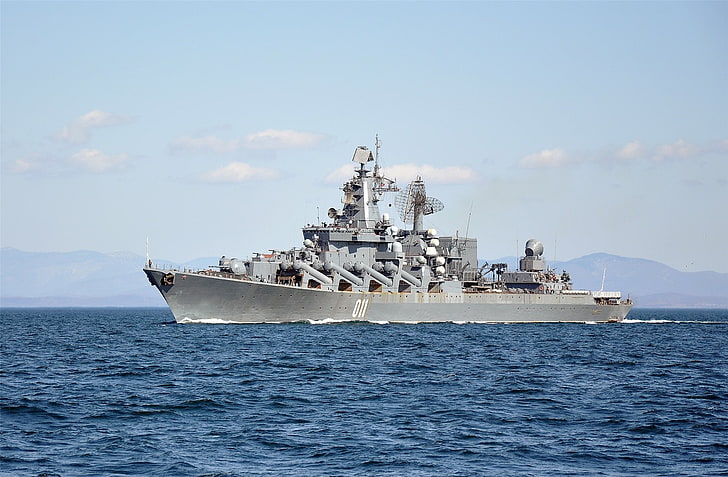 white military ship, sea, cruiser, rocket, 