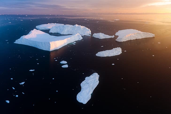 iceberg, ice, sea, nature, landscape, aerial view, Greenland, Ilulissat Icefjord, fjord, sunset, HD wallpaper