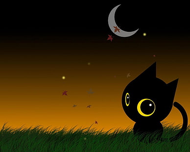 черная кошка на траве иллюстрации, кошка, рисунок, большеглазая, луна, природа, HD обои HD wallpaper