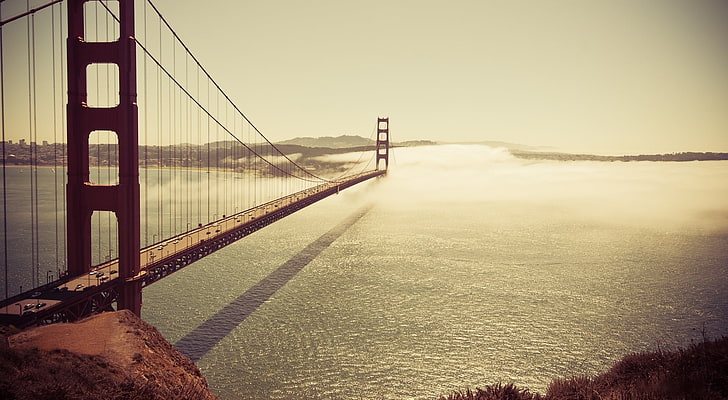 white and red wooden bed frame, bridge, Golden Gate Bridge, USA, California, HD wallpaper
