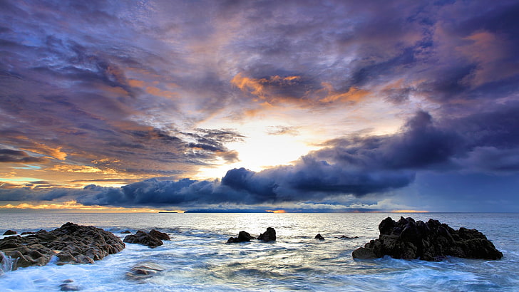 roca cubierta con cuerpo de agua, paisaje, nubes, mar, cielo, agua, naturaleza, Fondo de pantalla HD