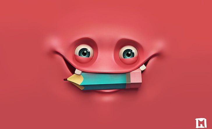 Happy, blue and brown pencil illustration, Funny, monster, red, HD wallpaper