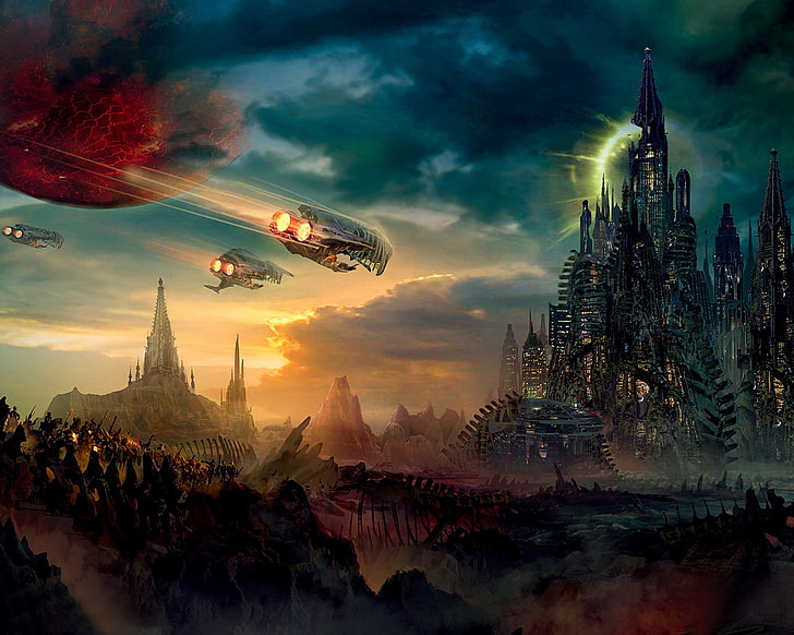 black castle illustration, the sky, space, the city, planet, ships, HD wallpaper