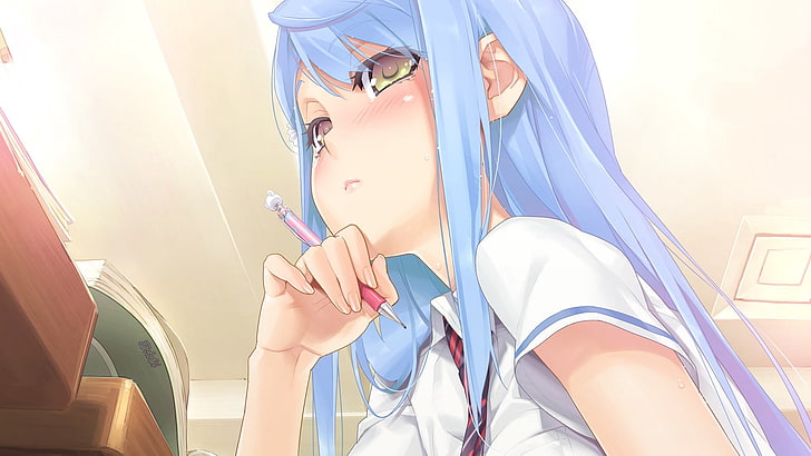 female anime character with blue hair wallpaper, happoubi jin, sawatari shizuku, bishoujo mangekyou, upscale, HD wallpaper