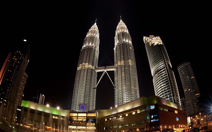 paysage urbain, gratte-ciel, nuit, Petronas Towers, Malaisie, Fond d'écran HD