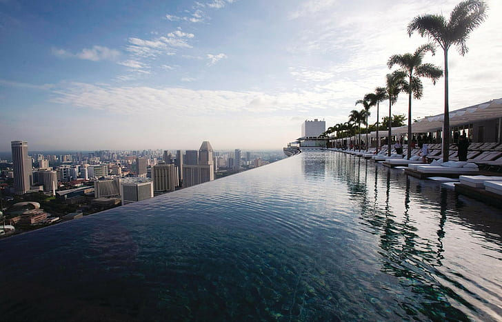 Marina Bay Sands, Otel, Singapur, Otel, Marina Bay Sands, Singapur, havuz, çatı, görünüm, HD masaüstü duvar kağıdı