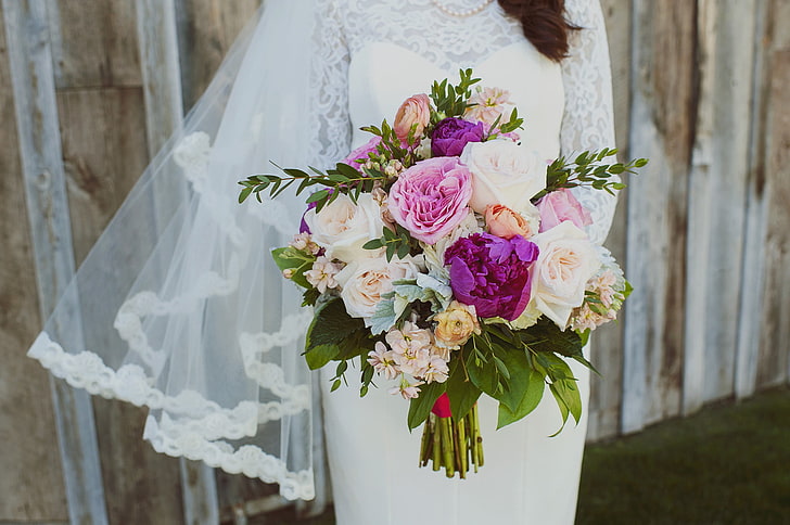 white, purple, and beige petaled flowers bouquet, flowers, roses, bouquet, dress, the bride, peonies, wedding, HD wallpaper