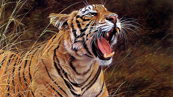 tigre de bengala, ilustración, artística, pintura, carnívoro, arte de la pintura, hocico, hierba, organismo, vida silvestre, bigotes, grandes felinos, animal terrestre, fauna, rugido, mamífero, tigre, Fondo de pantalla HD